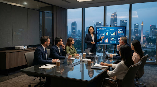 Scale-up FMCG Nasional boardroom meeting with data matrix